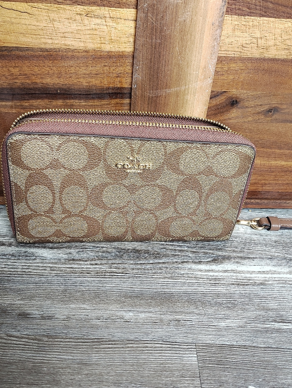 Coach Brown Signature Canvas Zip Wristlet with Leather Strap
